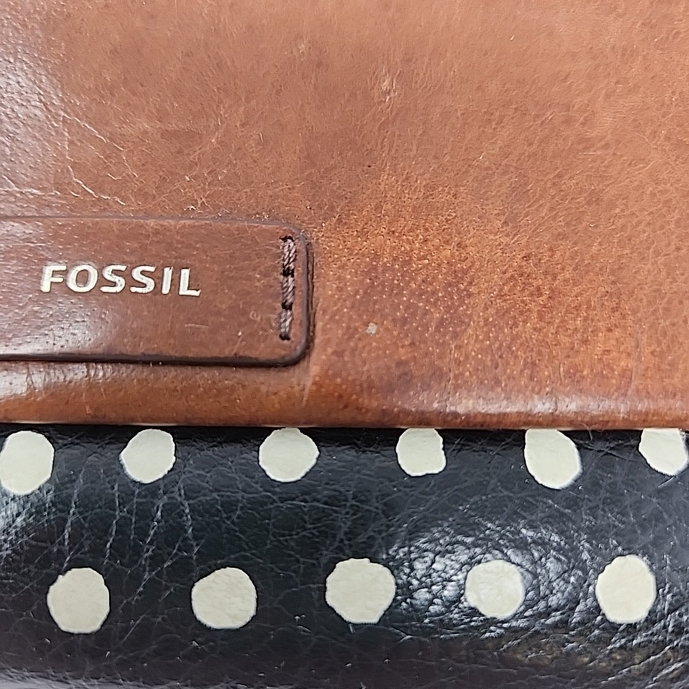 Fossil Vintage Wallet Sydney Brown Leather Retro Black White Polka Dot Trifold - Picture 14 of 16